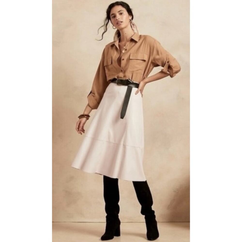Banana Republic Women's Vegan Leather Midi Skirt Size 16 Cream A-Line High Waist